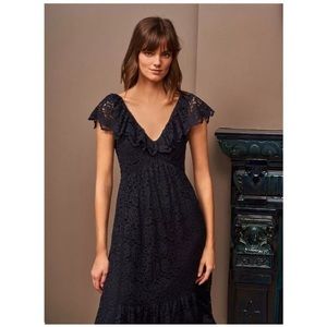 La Ligne Dress D'Été Blue Lace Ruffle Pleated V-Neck Flare Midi Dress